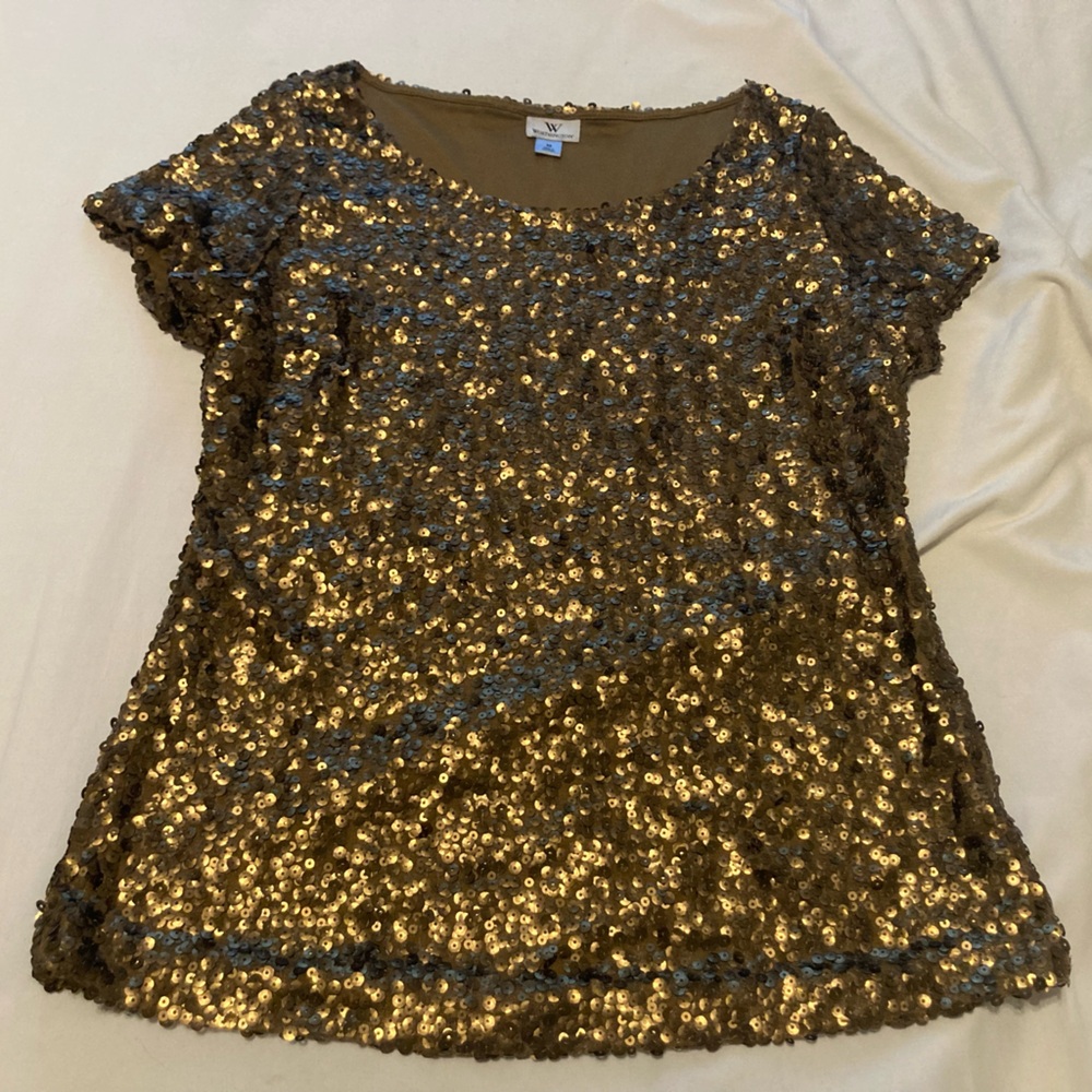 Worthington women's evening sequined blouse gold short sleeve size Medium